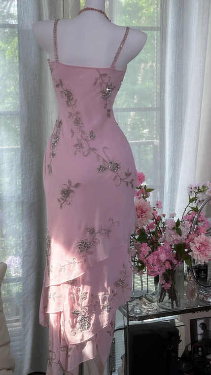 Light pink halter-neck rhinestone-embellished fitted waist bodycon sexy long ball gown R7636
