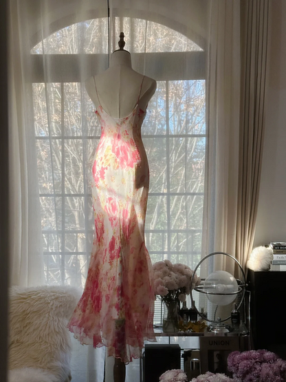 Pink floral print halter-neck fitted bodycon long ball gown R7716