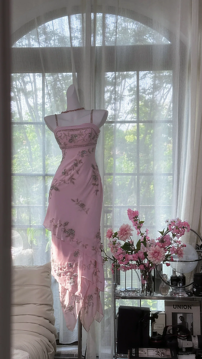 Light pink halter-neck rhinestone-embellished fitted waist bodycon sexy long ball gown R7636