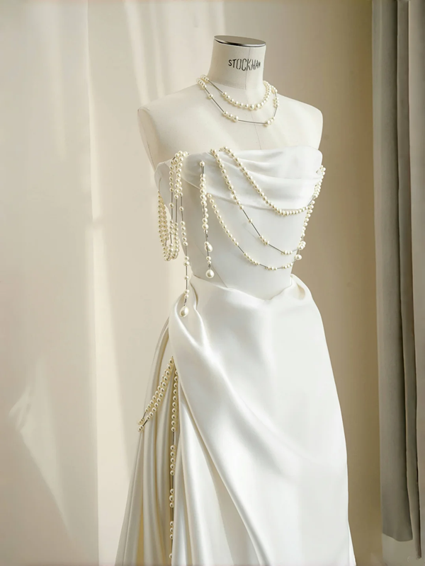 White strapless satin waist slim fit elegant skirt, prom dress R5692