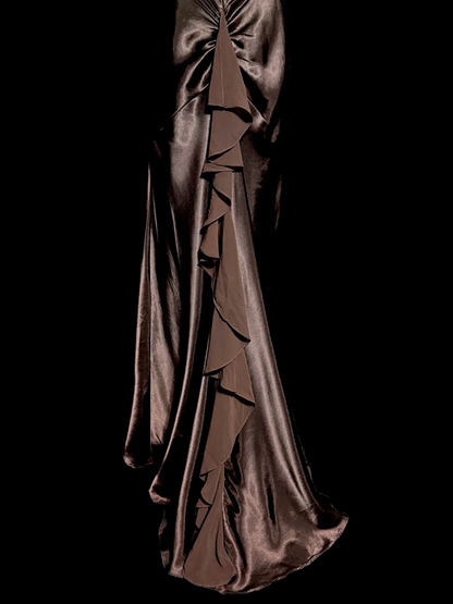 Brown halter-neck satin fitted waist bodycon long ball gown R6681