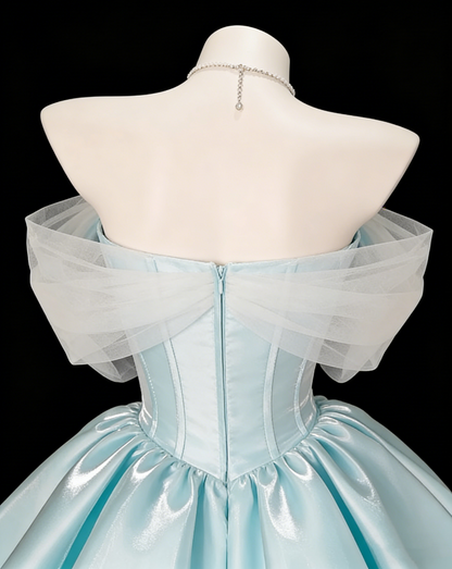 Classy Off The Shoulder Blue Satin A Line Short 7th Grade Homecoming Dress Birthday Dress SP1934