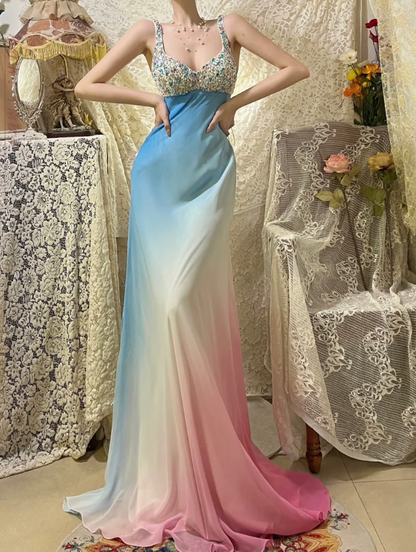 Unique Spaghetti Straps Ombre Chiffon Beaded Mermaid Long Evening Dress Birthday Prom Gown