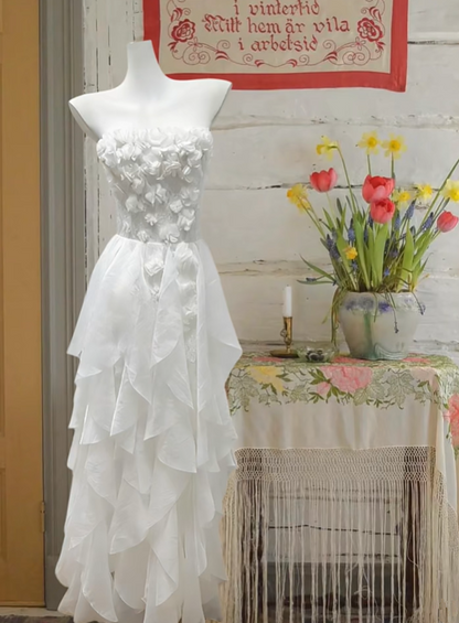 White tube top three-dimensional flower waist slim chiffon long skirt, ball gown R6241