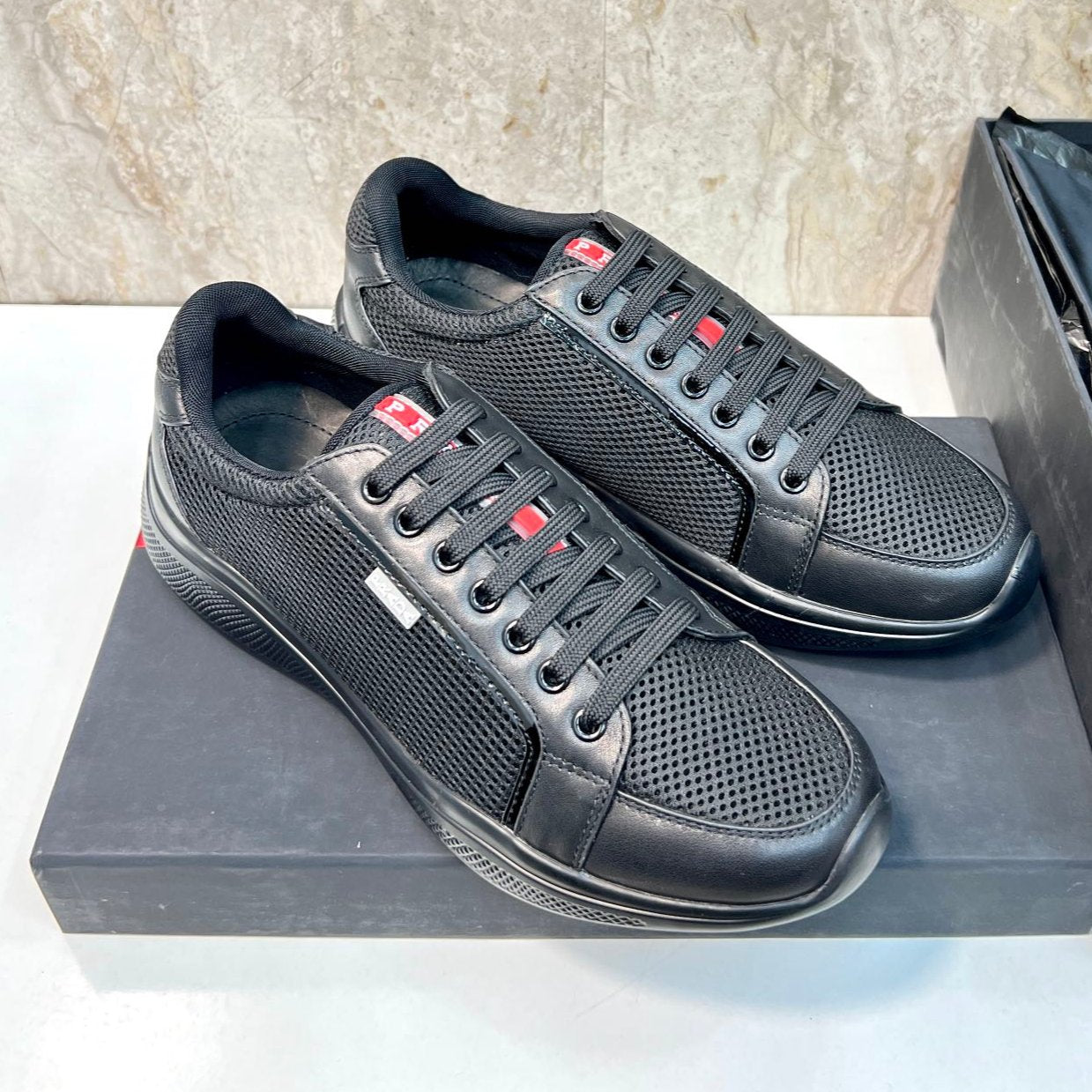 PRA SNEAKER BLACK CALFSKIN AND MESH FABRIC