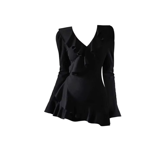 V-neck knitted dress new style ruffled trumpet sleeve slim French little black dress R0135