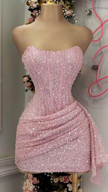 Pink sequined tube top waist hip irregular skirt sexy short skirt homecoming dress R4099