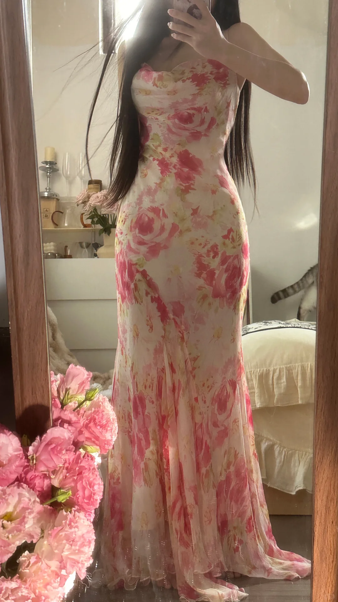 Retro Pink Floral Spaghetti Strap Design Elegant Chiffon Evening Dress Prom Dresses D1489