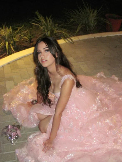 A-Line Appliques Pretty Pink Lace Tiered Long formal dresses Bridesmaid Dresses evening gown Prom Dress DP287