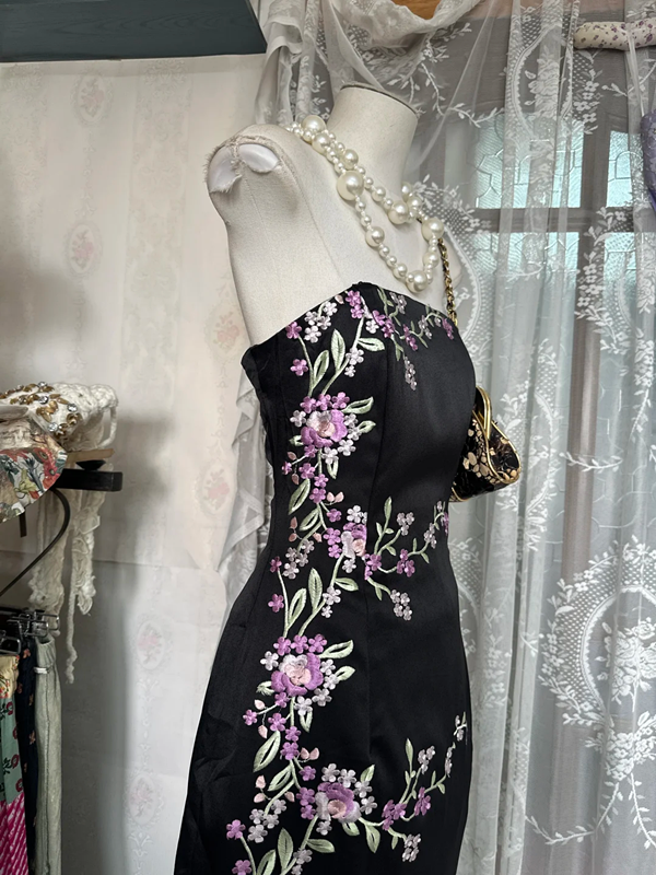 Black tube top elegant embroidered waist sexy long dress ball gown R6162