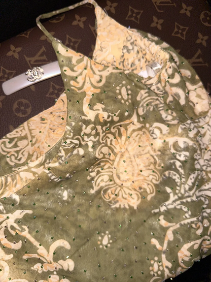 Retro green halter-neck printed fitted long ball gown R6880