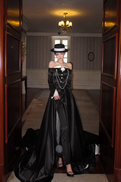 Black off-the-shoulder sexy fitted long ball gown R7081