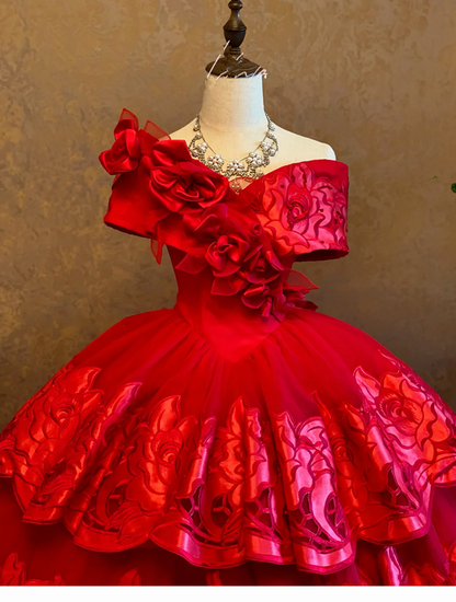 Red Off-the-shoulder Waist-Cinched Puff Tiered Skirt Ball Gown & Bridal Gown R7395