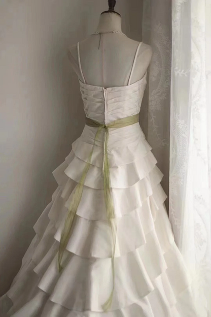 White halter-neck, fitted waist, tiered skirt, long ball gown R6722