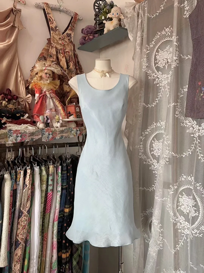 Light Blue Sleeveless Waist-Cinched Slim-Fit Midi-Length Ball Gown R7440