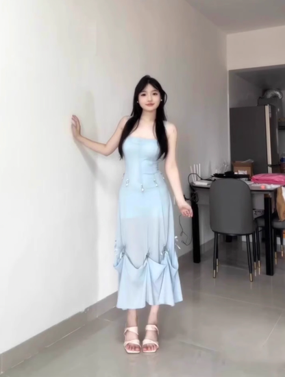 One dress with multiple wears Blue bow suspender dress Gentle temperament waist A-line long skirt R0464