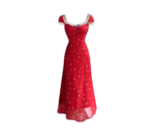 Tea break French floral dress 2025 new slim retro red holiday style long skirt R0045