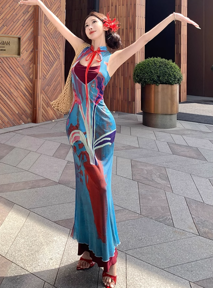 Retro contrast color hollow dress sexy temperament waist slim hip skirt R0658
