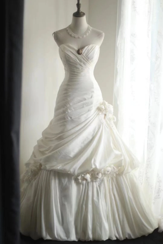 White strapless waist-cinching slim-fit ruched ballgown long prom dress R7949