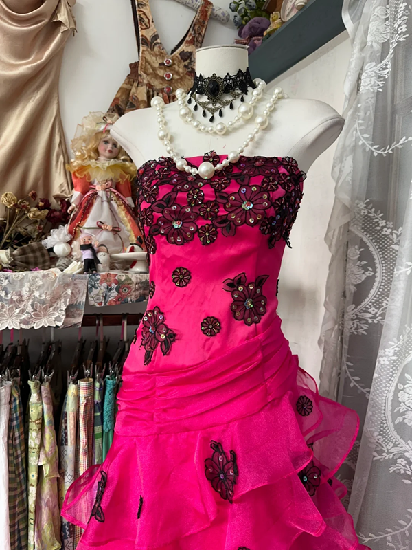 Rose pink strapless fitted tiered maxi dress, ball gown R6323