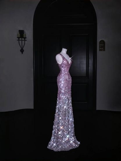 Purple gradient sequined waist slim long skirt, prom dress R5687