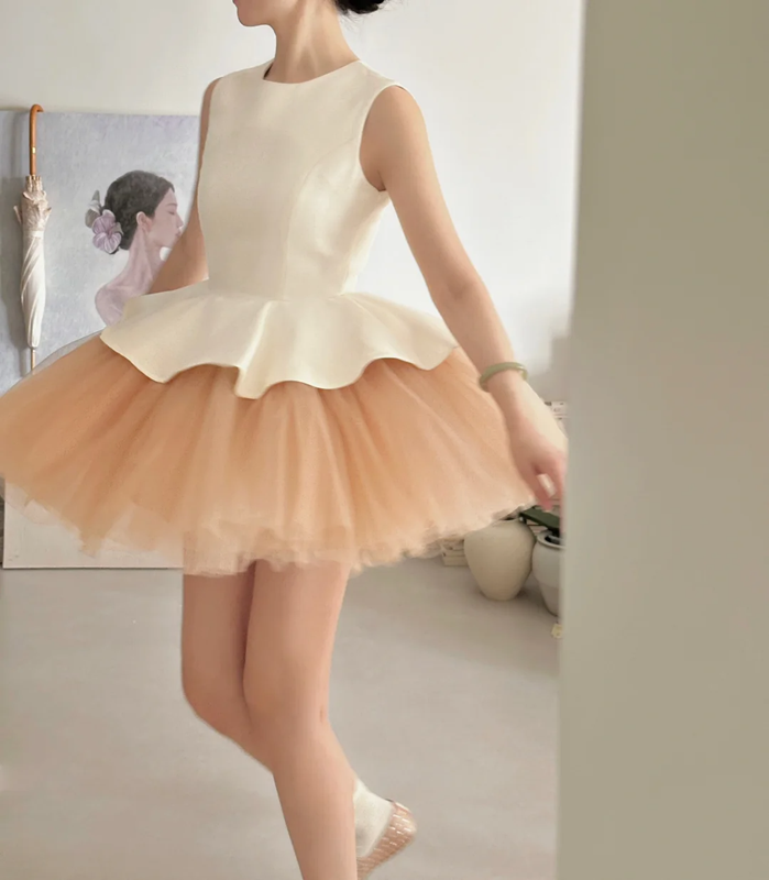 White sleeveless, waist-cinched, light pink full-skirted prom dress R7988