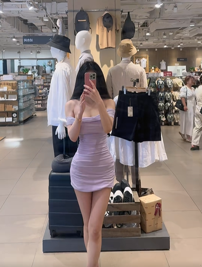 Light purple off-shoulder fitted waist bodycon sexy short ball gown R7909