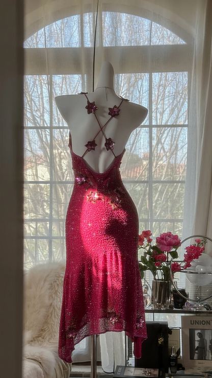 Rose pink halter-neck rhinestone fitted waist slim back mid-length ball gown R7677