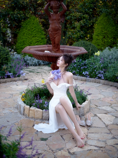 White halter-neck fitted bodycon sexy ball gown R7082