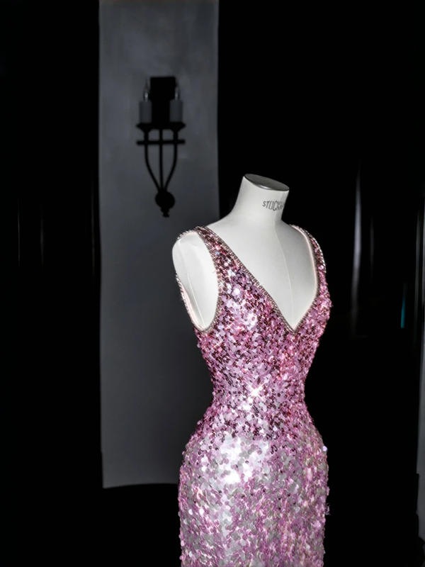 Purple gradient sequined waist slim long skirt, prom dress R5687