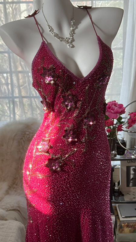 Rose pink halter-neck rhinestone fitted waist slim back mid-length ball gown R7677