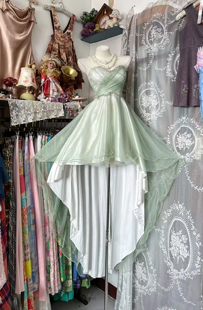Light green strapless, fitted waist, high-low skirt sexy ball gown R7595