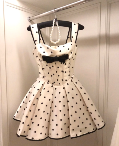 White polka dot suspenders waist slimming A-line pleated skirt short skirt homecoming dress R4156