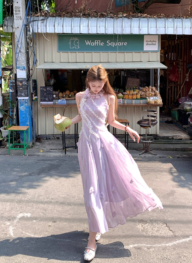 Purple long halter neck dress summer French retro slim fit temperament skirt R4623