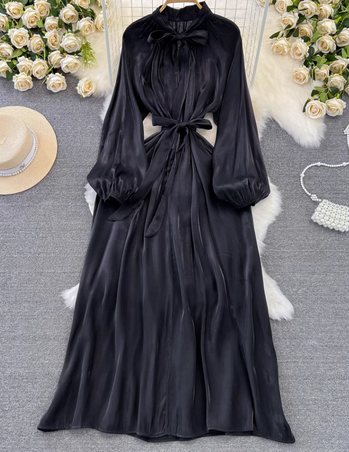 High-class lady temperament long-sleeved bow tie waist slimming A-line shiny sequin dress R0388