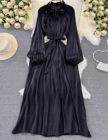 High-class lady temperament long-sleeved bow tie waist slimming A-line shiny sequin dress R0388
