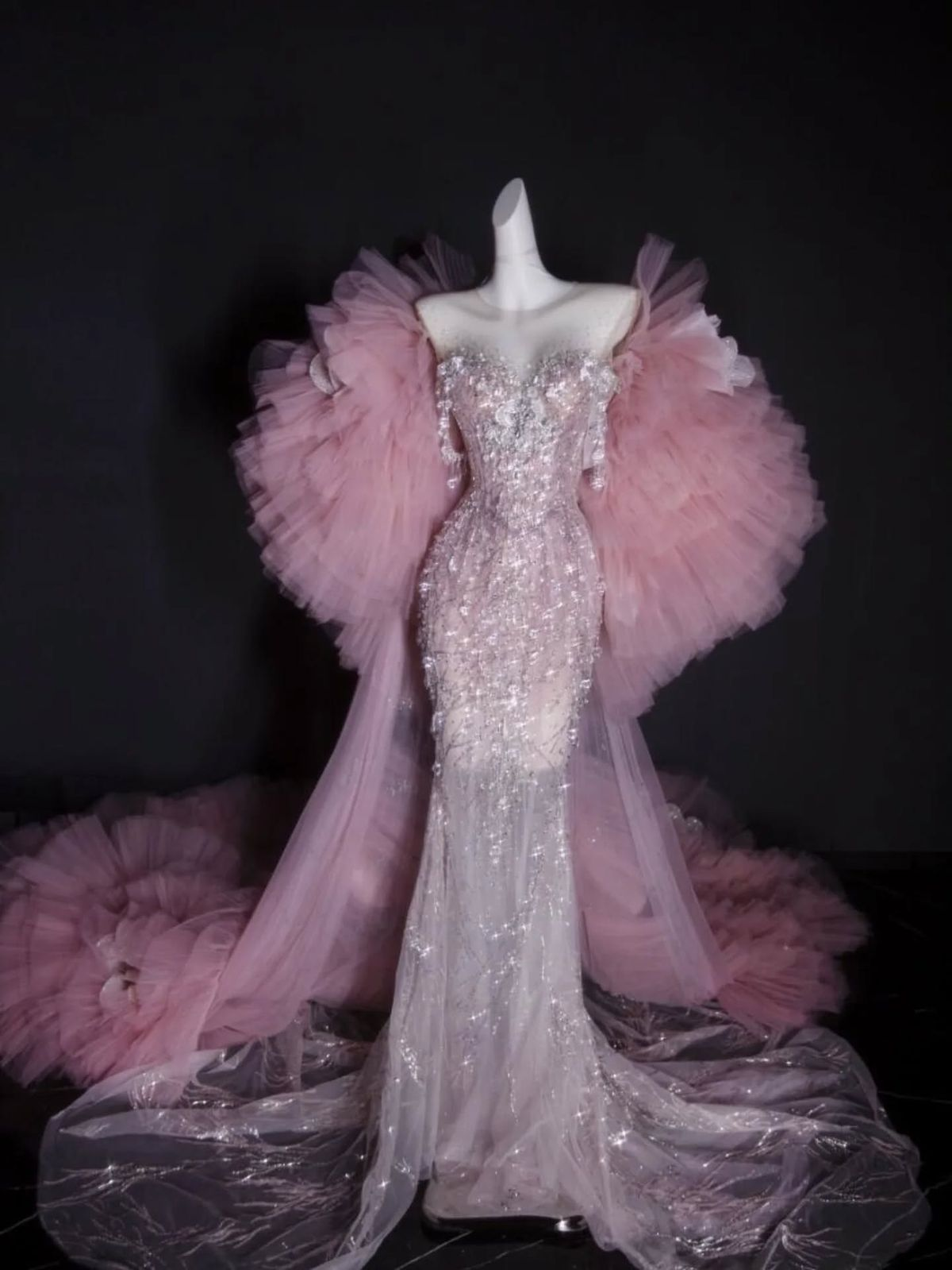 Gorgeous Strapless Pink Sequin Beaded Mermaid  Long Evening Dress Party Dress With Cape D1196