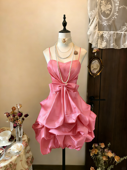 Vintage Yellow Spaghetti Straps Satin Pleated Short Prom Dress Formal Graduation Homecoming Dress D496