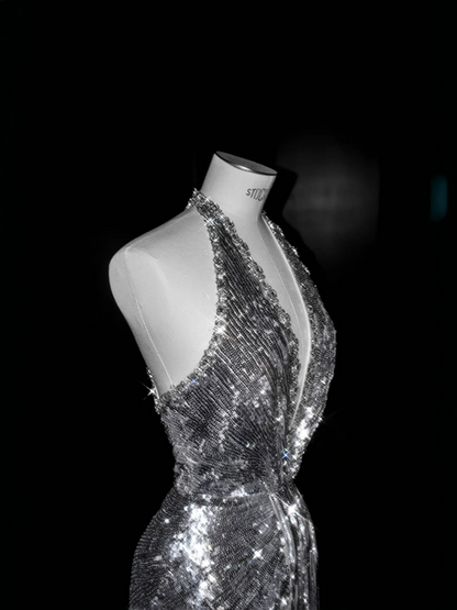Silver sequined halter neck slim waist hip-hugging maxi skirt, prom dress R5688