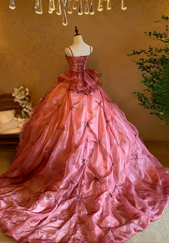 Pink Spaghetti Strap Waist-Cinched Puff-Skirt Ball Gown & Bridal Gown R7397