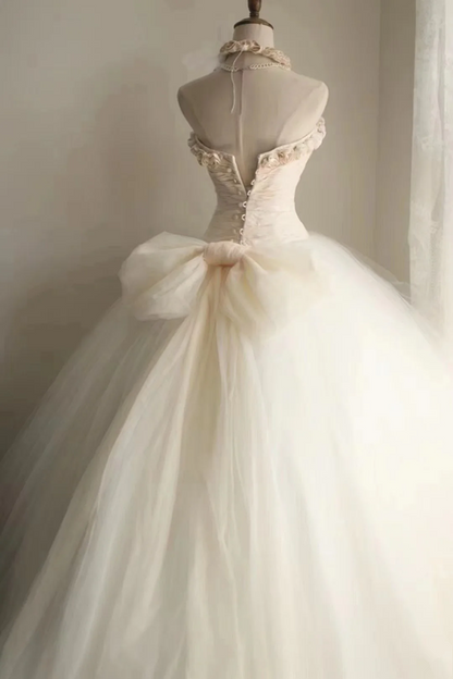 Tea-colored strapless waist-cinching ruched white ballgown long prom dress R7950