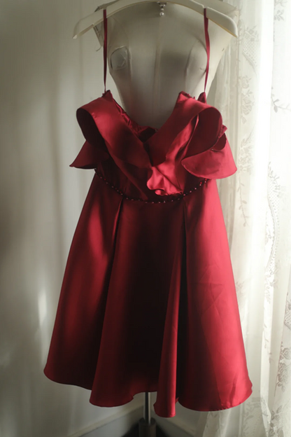 Red halter-neck, ruffled neckline, fitted waist, short ball gown R6724
