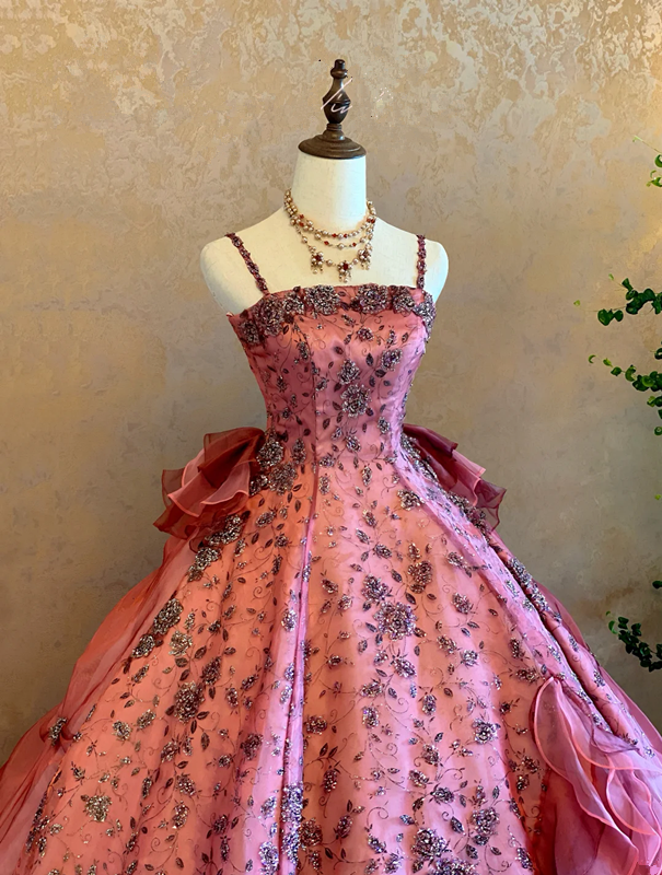 Pink Spaghetti Strap Waist-Cinched Puff-Skirt Ball Gown & Bridal Gown R7397