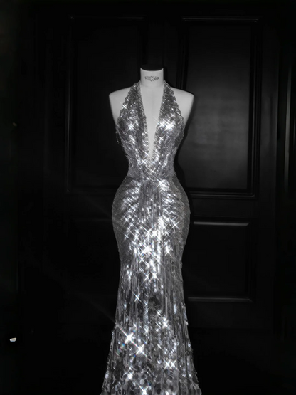 Silver sequined halter neck slim waist hip-hugging maxi skirt, prom dress R5688