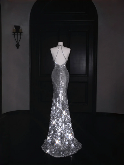 Silver sequined halter neck slim waist hip-hugging maxi skirt, prom dress R5688