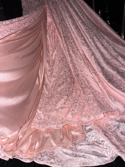 Pink beaded fitted long ball gown with a cinched waist, exuding elegance and fairy-like charm R6963