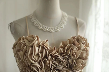 Champagne-colored halter-neck floral neckline satin long ball gown R6842