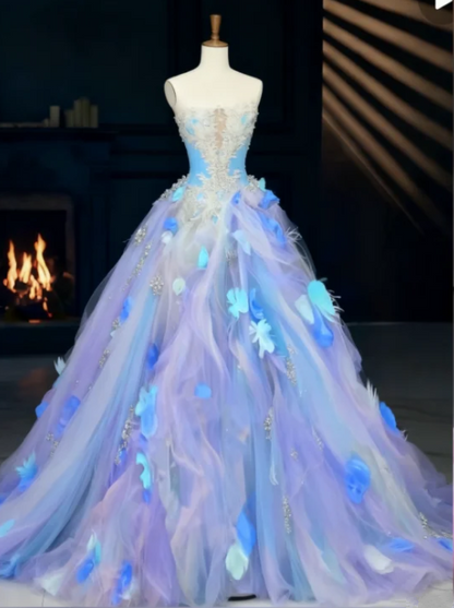 Light blue floral print strapless waist-cinching long ball gown R6563