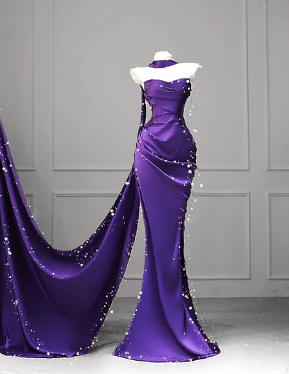 Charming Purple Strapless Mermaid Satin Long Party Dress Evening Gown, D968