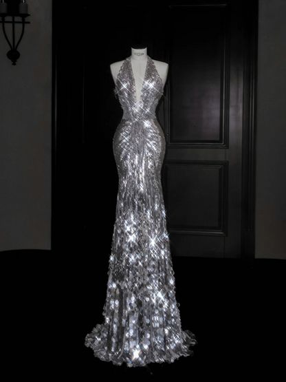 Silver sequined halter neck slim waist hip-hugging maxi skirt, prom dress R5688